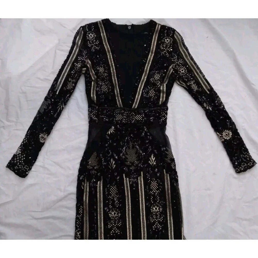 Fashion Nova Dress Black Gold Sequin Floral Embroidered Evening Gown Size Small - Picture 7 of 16